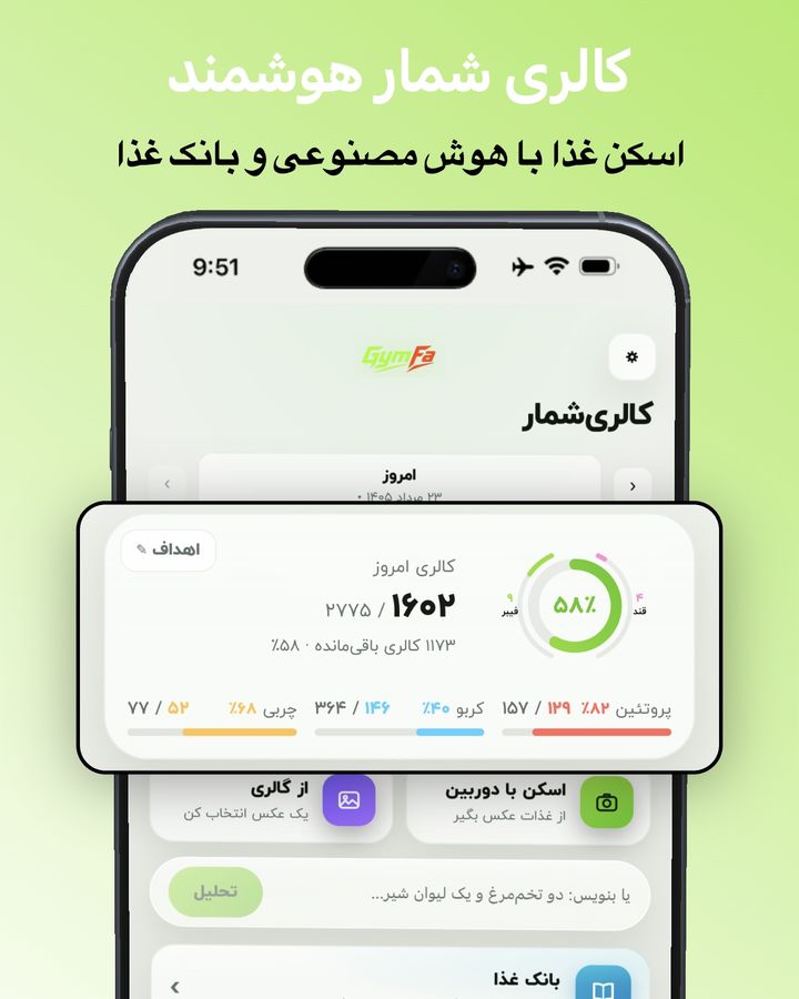 کالری‌شمار جیم فا با حلقه ۵۸ درصد، پروتئین کربو چربی و اسکن غذا
