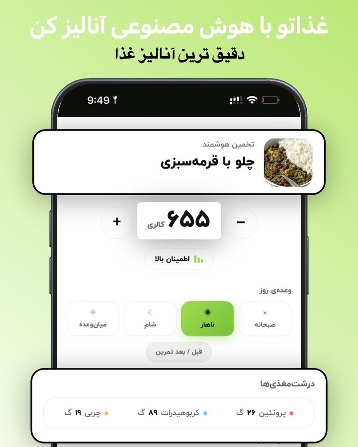 نتیجه آنالیز غذا در جیم فا: چلو با قرمه‌سبزی ۶۵۵ کالری و درشت‌مغذی‌ها