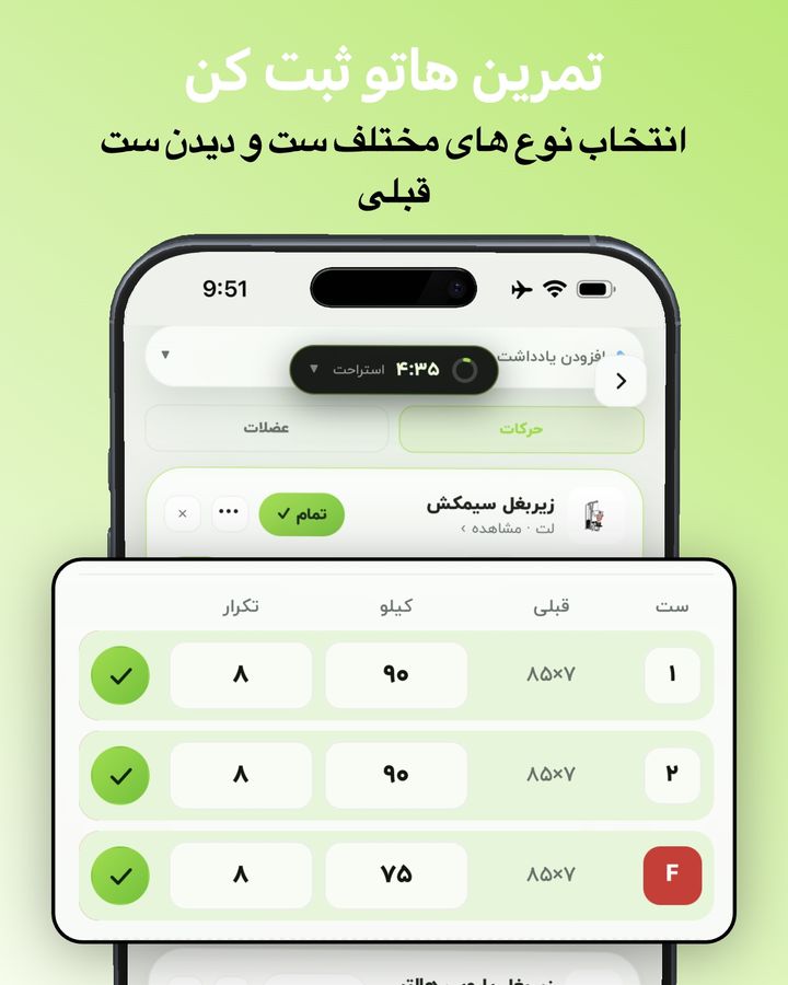 ثبت ست تمرین در جیم فا: وزنه، تکرار، ست قبلی و تایمر استراحت ۴ دقیقه