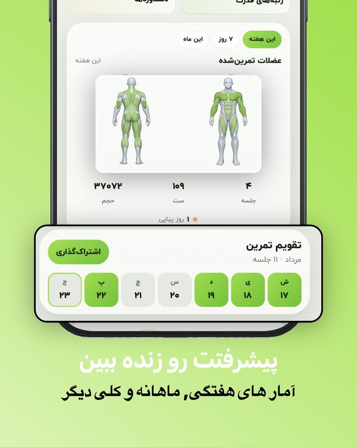 نمودار پیشرفت جیم فا: عضلات تمرین‌شده، تقویم مرداد و آمار حجم و ست